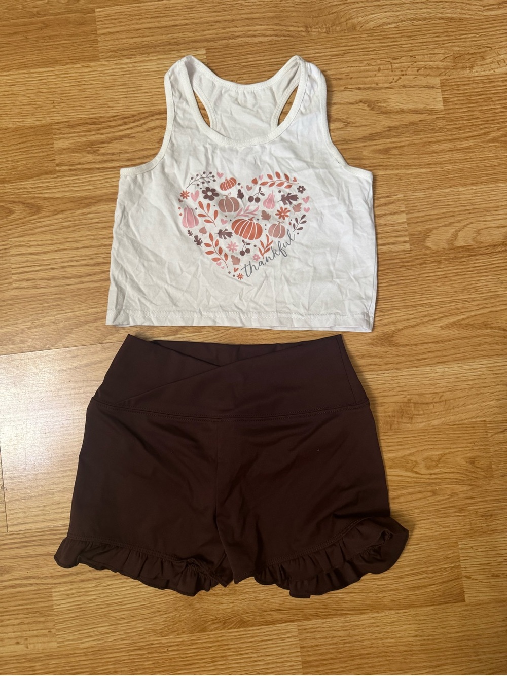 Source Unknown White Tank with Floral Heart Graphic and Brown Ruffle Shorts